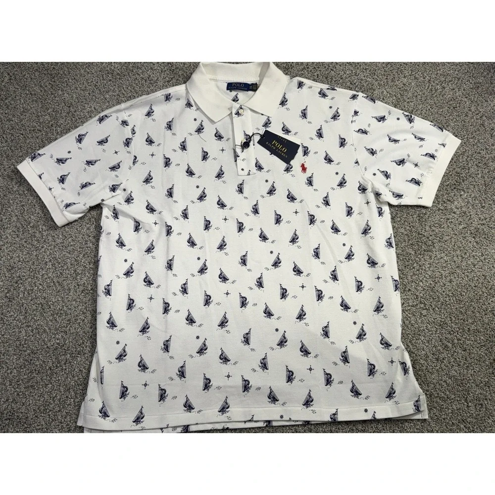 Polo Ralph Lauren Polo Shirt Mens 1XB White Boats Nautical‎ All Over Print NWT